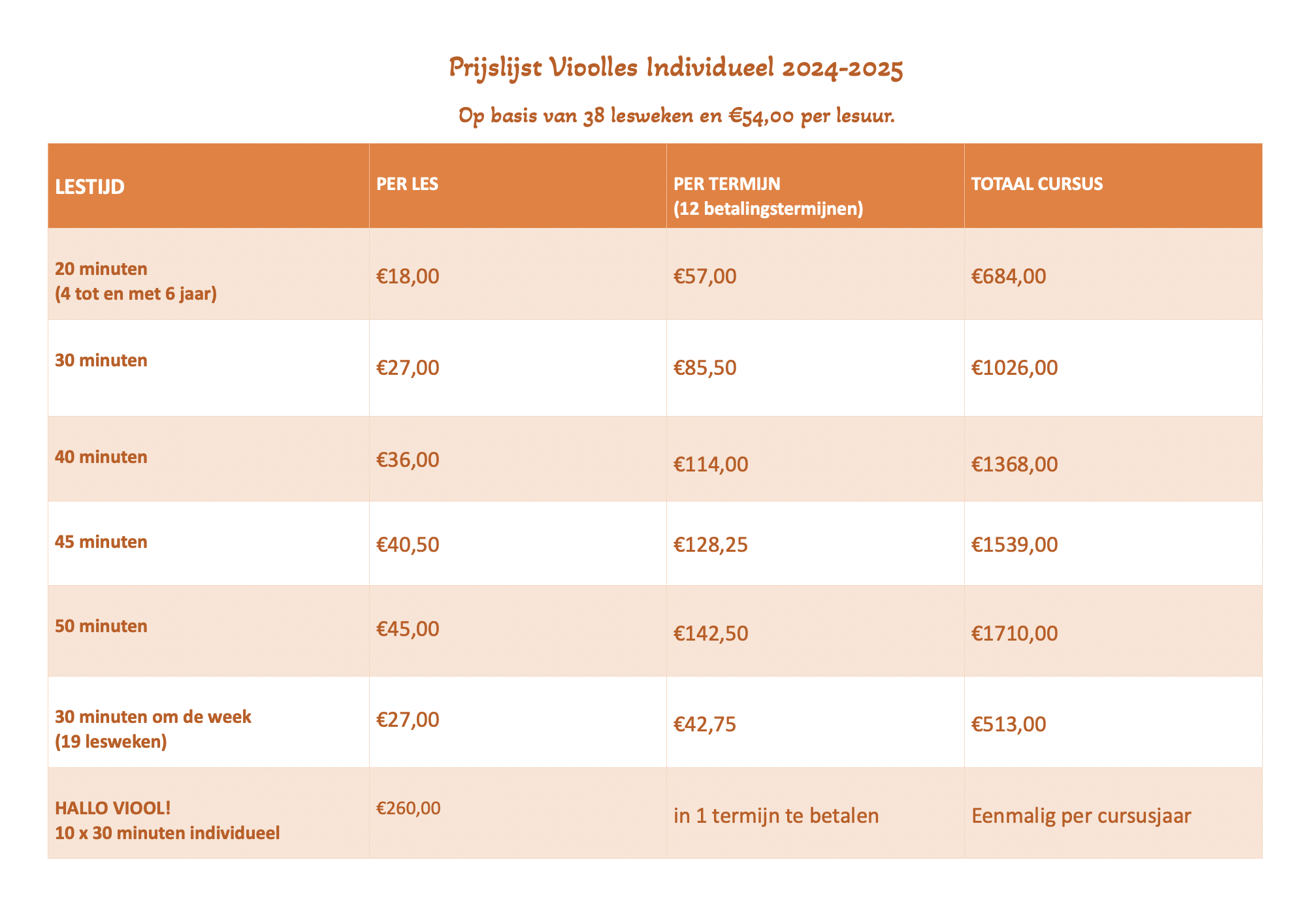 prijslijst vioolles